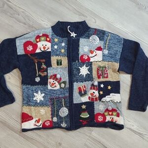 Dressbarn L Festive Snowman Holiday Sweater zip up long sleeve embroidered thick